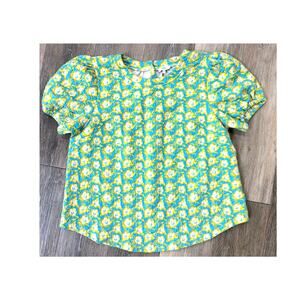 VOY Women’s Small Puff Sleeve Floral Textured Top Blue Yellow Cottagecore Boho